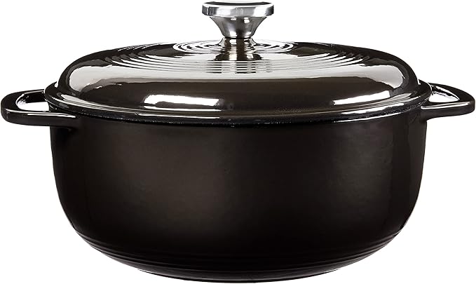 Lodge 6 Quart Enameled Cast Iron Dutch Oven with Lid – Dual Handles – Oven Safe up to 500° F or on Stovetop - Use to Marinate, Cook, Bake, Refrigerate and Serve – Midnight Chrome