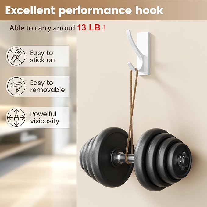 White Self Adhesive Coat Hooks for Hanging, Heavy Duty Stainless Double Wall Hook for Towel, Backpack, Hat, Sturdy Metal Hanger for Bathroom, Bedroom, Door, Wall Mounted, 4-Pack