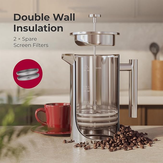 MuellerLiving French Press Coffee Maker 34oz, Stainless Steel French Press Coffee, 4 Filter Heat Resistant Double Insulated, Rust-Free, Food Grade, Dishwasher Safe Coffee Pot