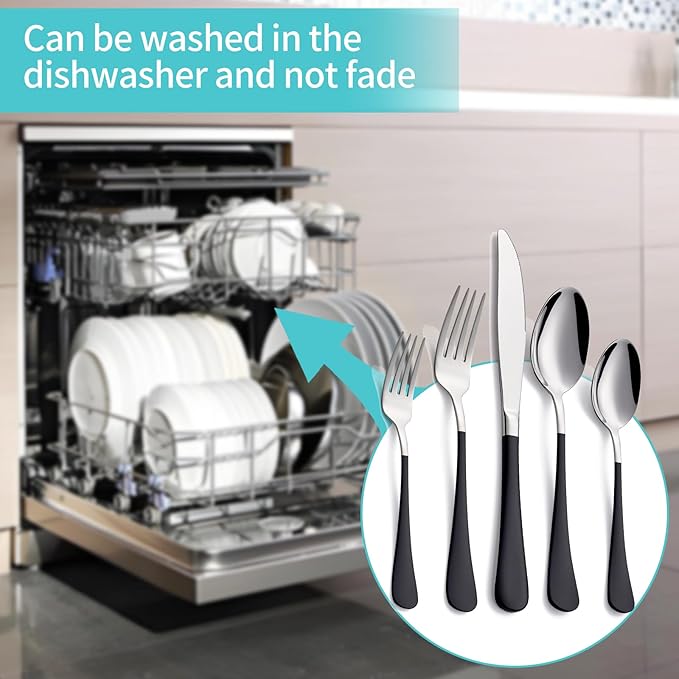 20-Piece Black Silverware Set for 4, 18/0 Stainless Steel Flatware Cutlery Utensils Set, Include Dinner Knives,Dinner Forks,Dinner Spoons,Salad Forks,Teaspoons, Elegant Gift，Dishwasher Safe