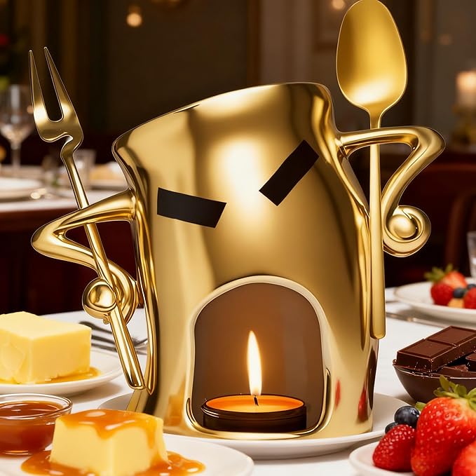 Ceramic Fondue Cup Set w/Built-In Fork & Spoon - Mini Chocolate/Cheese Fondue Mug | Microwave & Dishwasher Safe | Compact Gift-Ready (Gold)