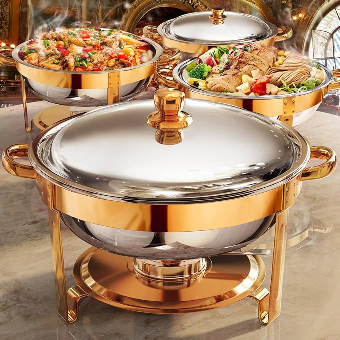 Chafing Dishes for Buffet 4Pack, 5QT Round Stainless Steel Chafing Dish Buffet Set with Safe Roll-Edge, Chafers and Buffet Warmers Sets for Catering, Weddings, Parties, Holiday Celebration (Rose Gold)