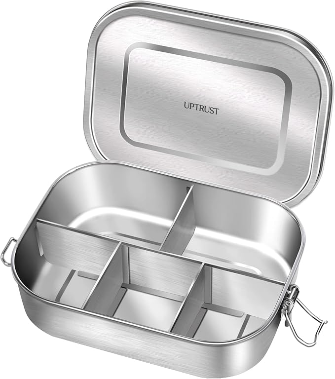 UPTRUST Stainless Steel Bento Lunch Food Box Container, 5-Compartment Large 1400ML Metal Bento Lunch Box Container for Kids or Adults with Lockable Clips to Leak Proof