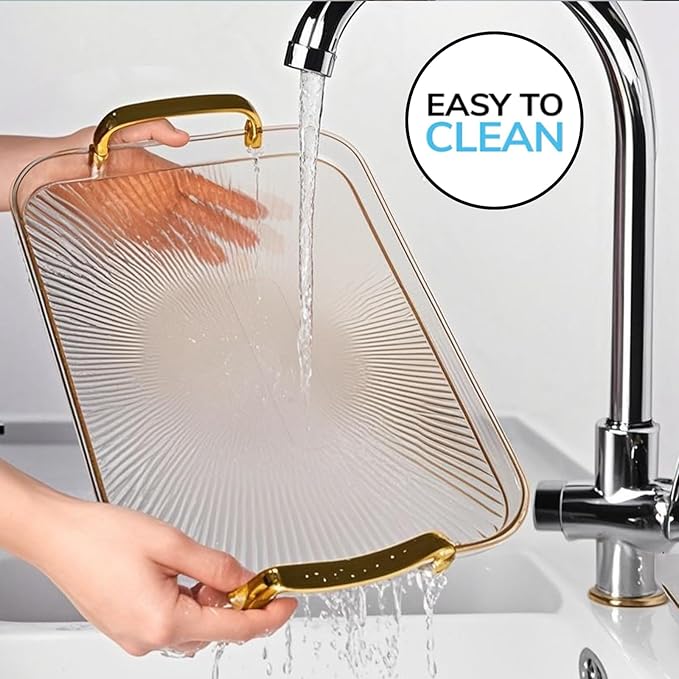 Serving Tray with Handles Set of 3 Rectangular Large Serving Platters 16.5/14.9/13.2 Inch White Plates for Dinner, Party, Entertaining, Amber