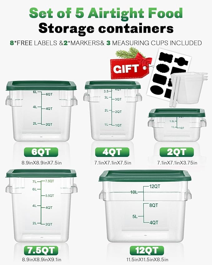 6QT NSF Food Storage Containers: 6PCS [Food Grade][Hot&Cold Resistant] Commercial Clear Food Storage Containers with Lids for Restaurant Kitchen Proof Dough, Measuring Spoons Included(GREEN)