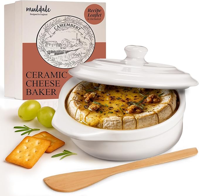 Muldale Brie Baker with Lid and Spreader - Camembert Baker Crock in White - Free from Lead Ceramic Baking Dish - 5.5” - Fits Standard Camembert Wheel