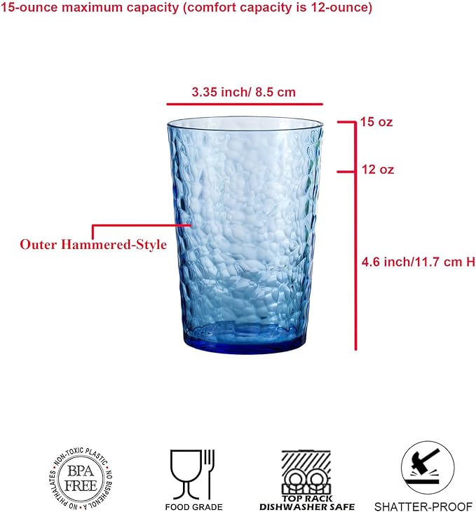 KOXIN-KARLU Hammered 15-ounce and 24-ounce Plastic Tumbler Acrylic Glasses Drinking Cups, set of 12 Multicolor