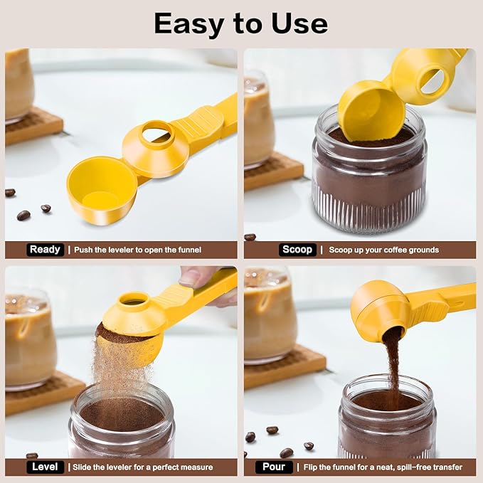 2-in-1 Coffee Scoop with Funnel, 2 Teaspoon Measuring Spoon for Reusable Pods, Ground Coffee, Protein Powder & Tea, Mess-Free Plastic Design (Yellow)