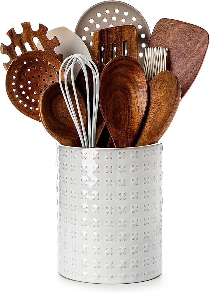 Nucookery 6.4'' Utensil Holder - Ceramic Utensil Holder for Kitchen Counter, Large Capacity Countertop Storage, Farmhouse Style Utensil Crock Organizer for Spoons, Spatulas & Cooking Tools