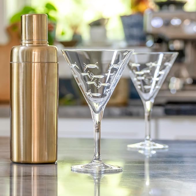 Rolf Glass School of Fish Martini Glass | Stemmed 7.5 oz. Martini Glasses | Lead-Free Glass | Diamond-Wheel Engraved Cocktail Glasses | Made in the USA (Set of 2)