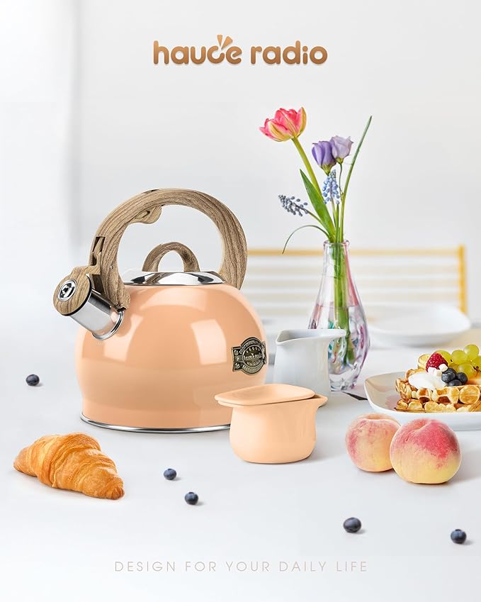 Tea Kettle Stovetop, 2.1 Quart Stove Top Whistling Tea Kettle, Teapot Kettles with Food Grade Stainless Steel and Wood Pattern Folding Handle, Suitable for All Heat Sources
