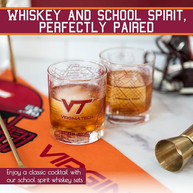 Greenline Goods – Virginia Tech University Hokies College Whiskey Glasses (Set of 2), 10 oz – Full-Color Logo + Campus Map