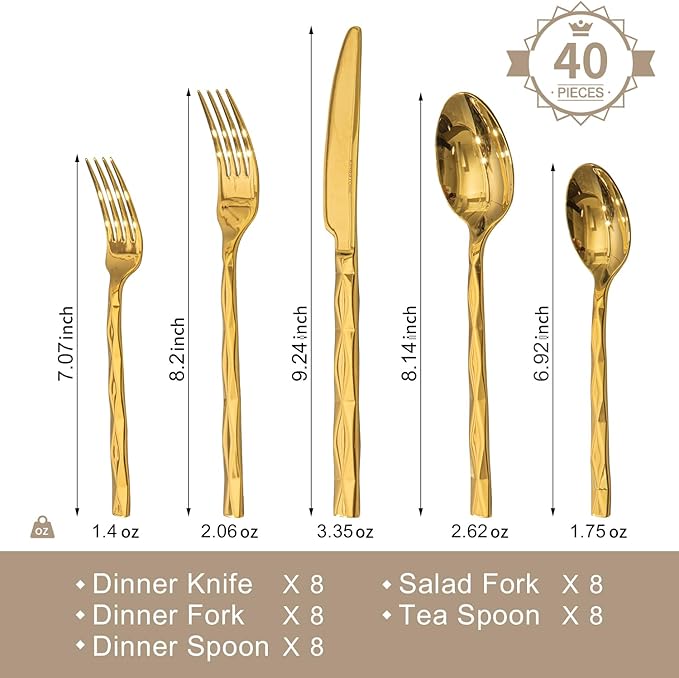 KINGSTONE Gold Silverware Set, Luxury 40 Piece Flatware Set for 8, 18/10 Stainless Steel Cutlery Set with Diamond Cut Pattern for Kitchen, Home, Wedding, Party, Mirror Polished and Dishwasher Safe