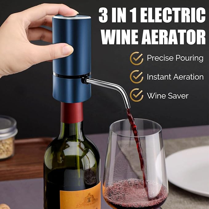 Electric Wine Dispenser, Aerator, Pourer & Vacuum Wine Pump, Portable One Button Automatic Wine Aerator for Quick decanting, Improving Wine Taste & Aroma, Gifts for Men & Women Wine Lovers (Blue)