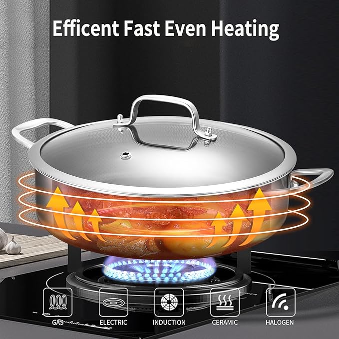 DELARLO Tri-Ply Stainless Steel 5.5QT Saute Pan With Lid Nonstick 12 Inch Deep Frying Pan Double handle, Induction Large Skillet Cooker Pan Dishwasher & Oven Safe