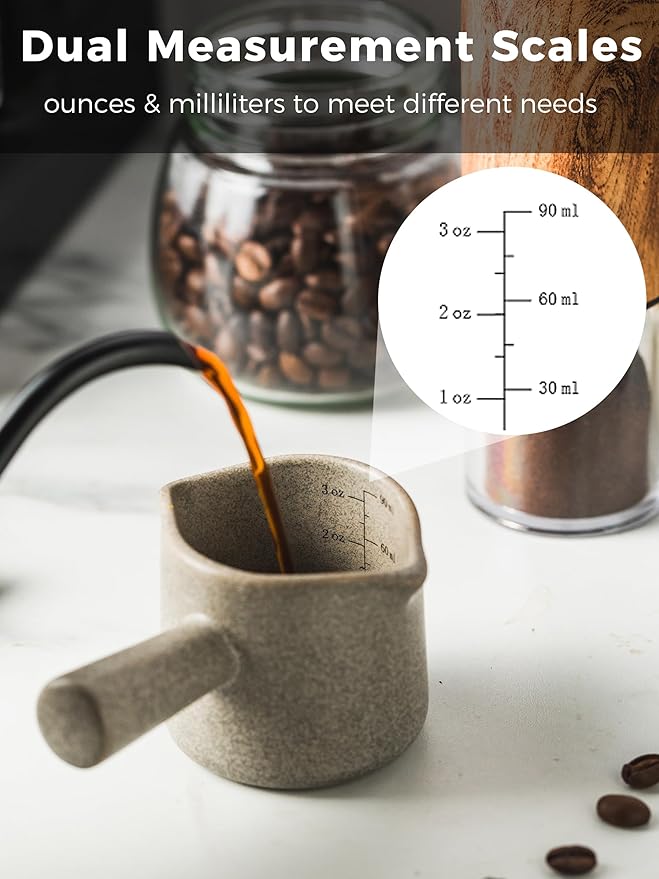 Measuring Cups Ceramic, Double Spouts Espresso Cup with Handle, Coffee Measuring Cups, Espresso Shot Milk Cup Pitcher 90 Ml, Gray