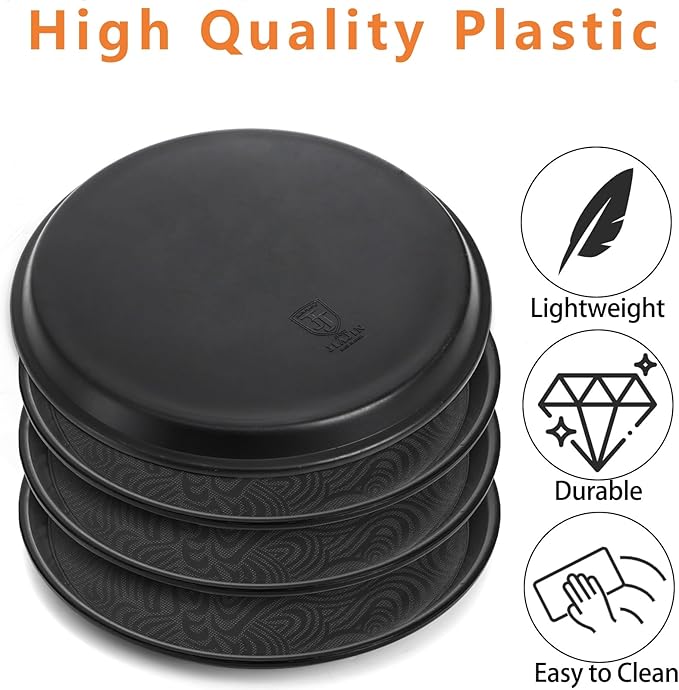 Hacaroa 4 Pack Round Restaurant Serving Tray, 14 Inch Black Plastic Server Tray Non-Slip Food Serving Platter for Drinks, Bar, Cafeteria, Hotel, Coffee Table, Raised Edges