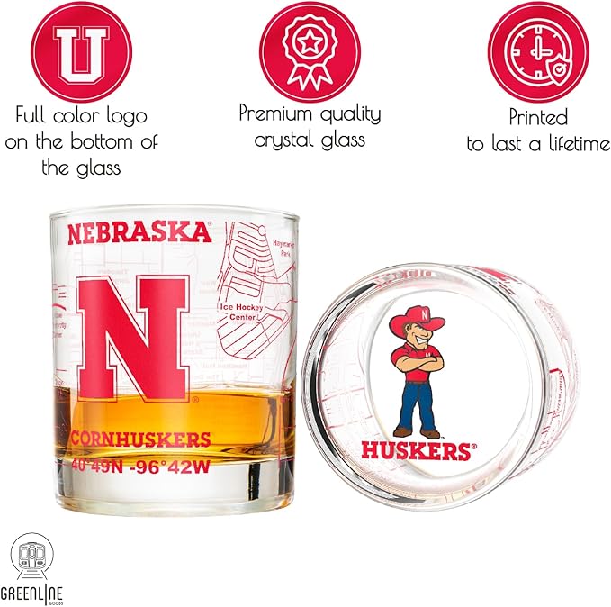 Greenline Goods – University of Nebraska Cornhuskers College Whiskey Glasses (Set of 2), 10 oz – Full-Color Logo + Campus Map