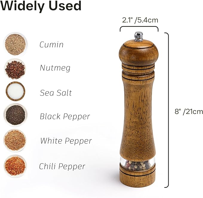 Wood Salt and Pepper Grinder, Salt Grinder and Pepper Mill, Oak Wood Shakers with Adjustable Ceramic Grinders - 8 inches, 1 Pack