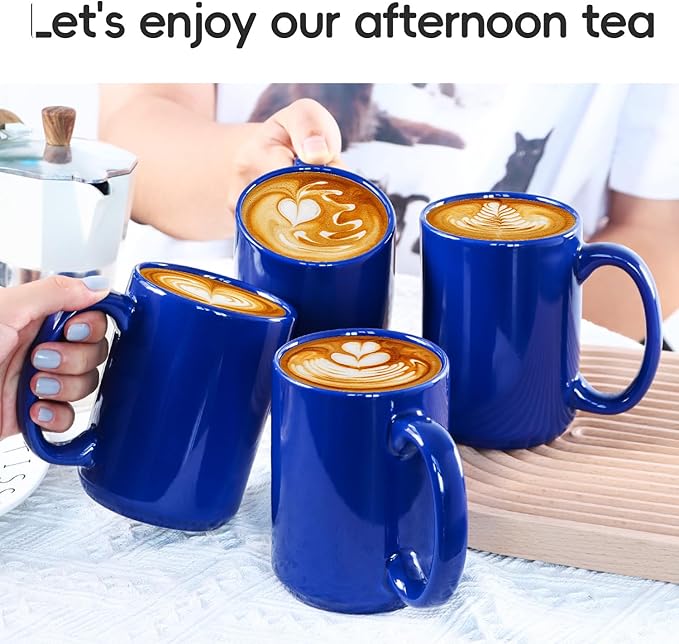 Smilatte 16 OZ Porcelain Coffee Mugs, Classic Blank Ceramic Cup with Large Handle for Tea Latte Cappuccino, Set of 4, Blue
