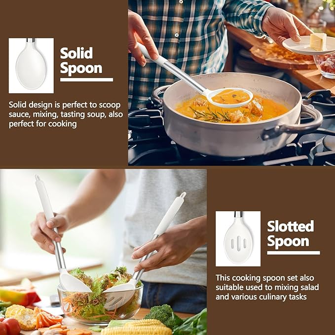 P&P CHEF White Kitchen Cooking Utensil Set of 4, Silicone Solid Spatulas Slotted Spoons Turners for Non-stick Cookware Flipping Mixing, Heat-proof