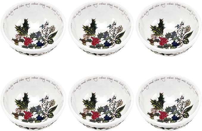 Portmeirion Holly and Ivy 8-Inch Salad Bowls (Set of 6) - Festive Earthenware for Christmas Dining, Ideal for Salads, Sides, Desserts - Microwave, Dishwasher, Freezer Safe - Seasonal Tableware