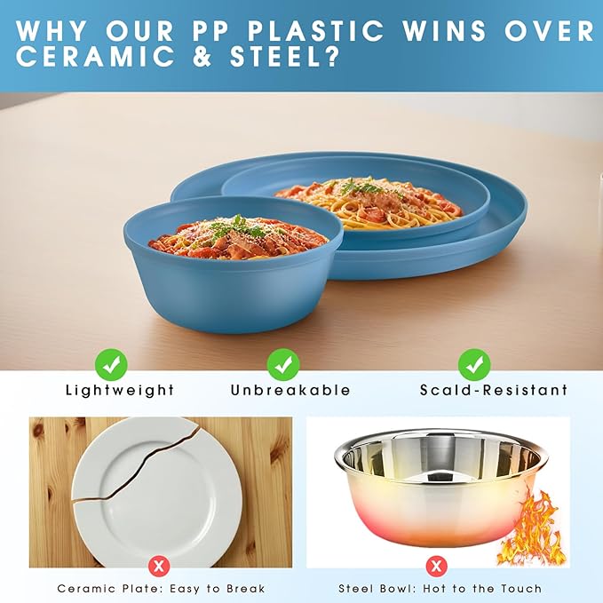 Pastel Plastic Dinnerware Set – 40-Piece Reusable Plates and Bowls Set for 8, Unbreakable Dishes with Cups, Knives, Forks, Spoons for Camping, Picnic, Kids, and Everyday Use