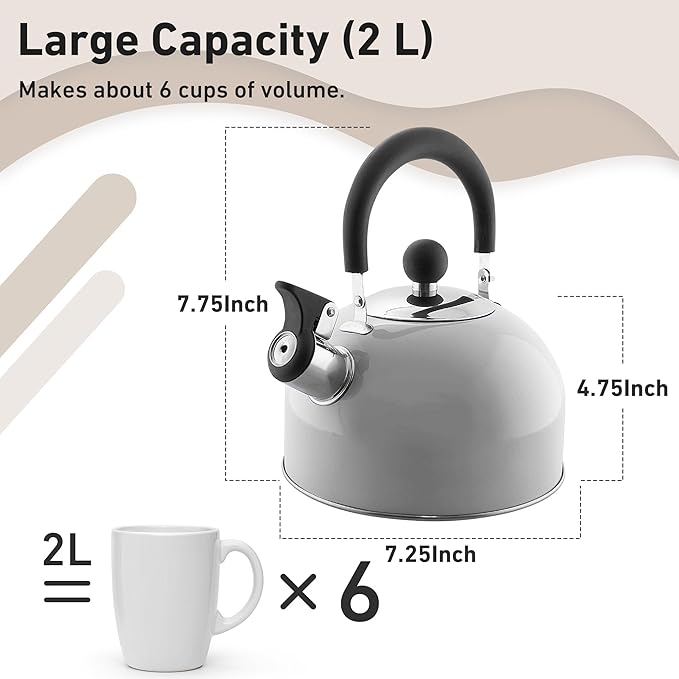 Lily's Home 2 Quart Whistling Tea Kettle, Stainless Steel Stovetop Kettle for Gas & Induction Tops, Classic Whistle Spout, Cool-Touch Handle for Safe Pouring - Perfect for Home, Kitchen, Dorm