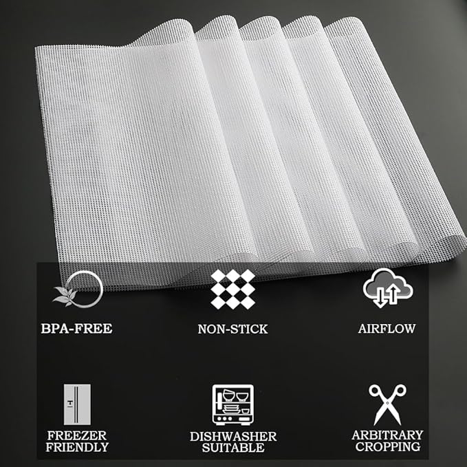 Non-Stick Silicone Dehydrator Liners: 12.5x9.8 inch Fit Cercker/DBC-07A/DBC-14A BPA-Free Easy Clean Reusable Mesh Sheets for Healthy Snacks 14-Pack