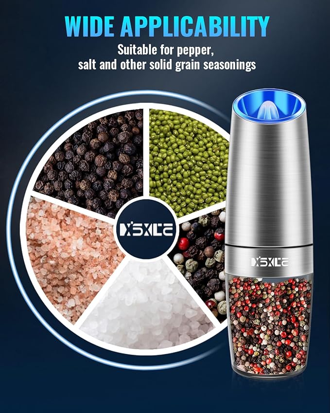 Gravity Electric Pepper and Salt Grinder Set, Salt and Pepper Mill & Adjustable Coarseness, Battery Powered with LED Light, One Hand Automatic Operation, (Set/Silver)