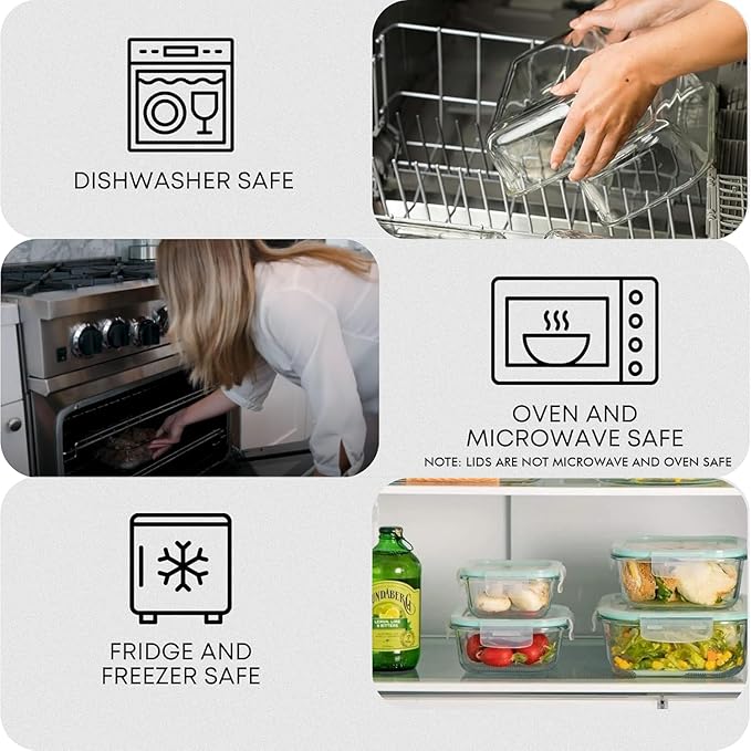 Razab 6 PC Square Glass Food Storage Containers with Airtight lids (74, 40 & 27 oz) Kitchen Glass Meal Prep Containers Set for Freezer Reusable Leftover Lunch Boxes, Oven, Microwave, Dishwasher Safe