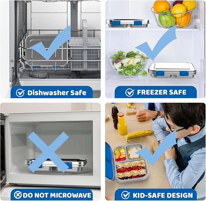 Stainless Steel Lunch Box 1000ml - 3 Compartment Bento Box for Kids & Adults, Leakproof Food Container, BPA-Free Metal Lunch Box with Silicone Seal, Eco-Friendly/Dishwasher Safe (Blue)