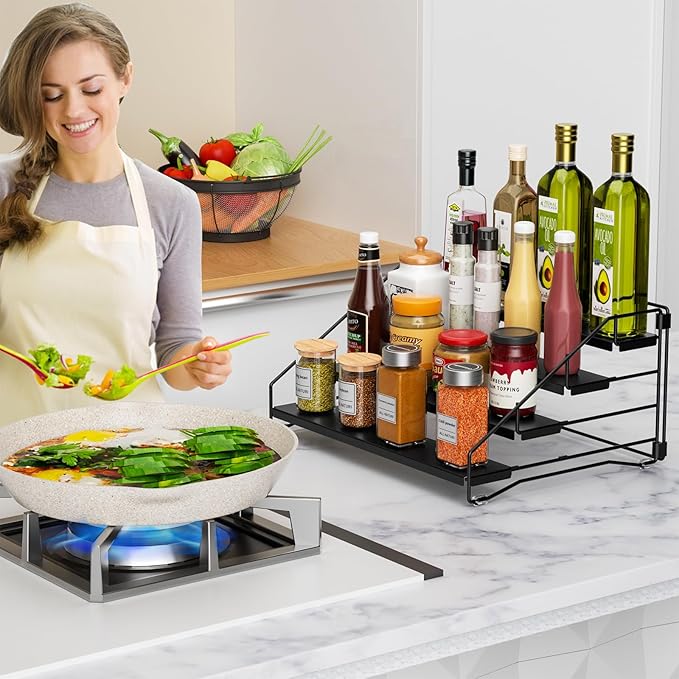 RCHYFEED Spice Rack Organizer for Cabinet Pantry,4 Tier Spice Rack Countertop,Tierd Spice Organization Easy Visibility, Depth Adjustable Seasoning Organizer for Cabinet (Black, 2Pack)