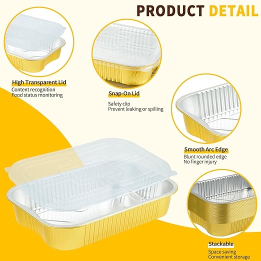 Aluminum Pans with Lids Half Size 9x13 Extra Heavy Duty (15 Pack + 15 Lids), Disposable Gold Aluminum Foil Baking Pans Double Thick Tin Foil Food Container with Lids for Baking, Heating, Cooking