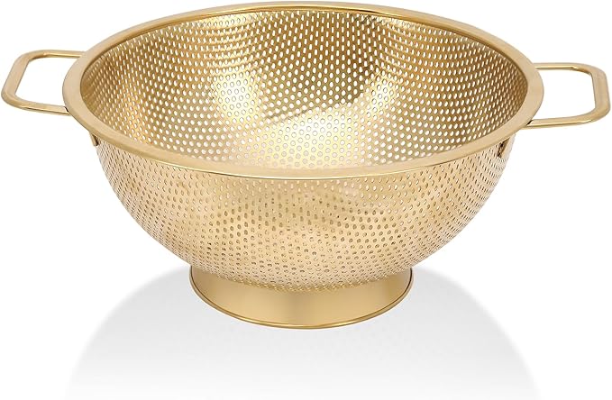 Gold Strainer for Kitchen, 5QT, Stainless Steel Colander with Handle for Fruits Vegetables Cooking Food, Dishwasher Safe