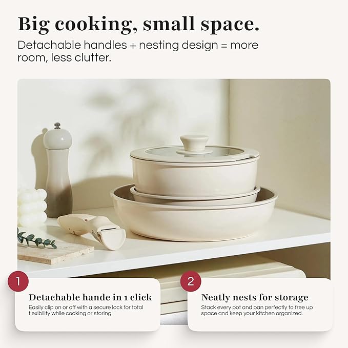 GOURMETIFIC® Pots and Pans Cookware Set [11 PIECES] - Non Toxic Ceramic Coated Cooking Ware - Induction, Gas & Oven Kitchenware - Non Stick Pot & Pan with Removable Handles & Stackable (Blush Pink)