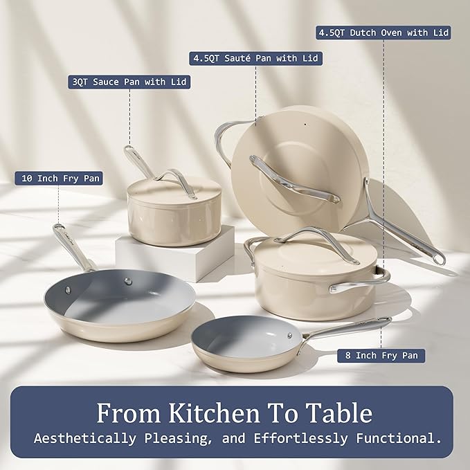 Stock Pot 4.5qt Dutch Oven with Lid (9.5") Nonstick Ceramic Coated Non-Toxic PFAS-Free Even Heat Distribution for Braising, Baking Bread & Soups, Compatible for All Cooktops(Induction/Gas/Electric) Oven Safe to 500°F (Cream)