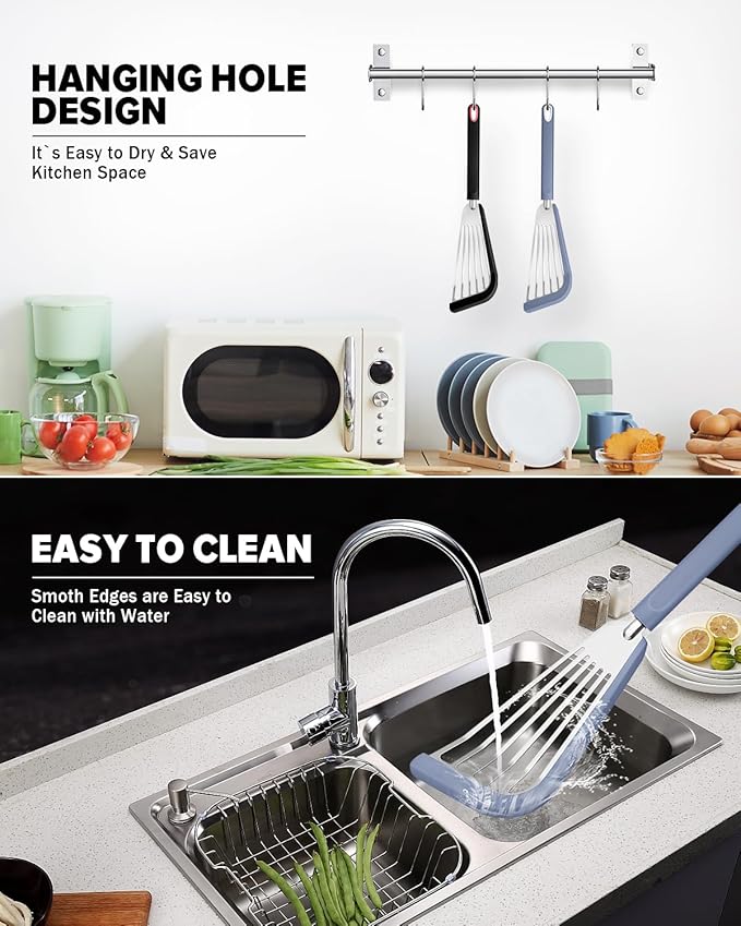 Silicone Fish Spatula Turner Set of 2, Thin Slotted Spatulas Turner for Nonstick Cookware,Heat Resistant Flexible Stainless Steel Kitchen Cooking Spatula Flipper for Fish, Egg, Pancake (BG)