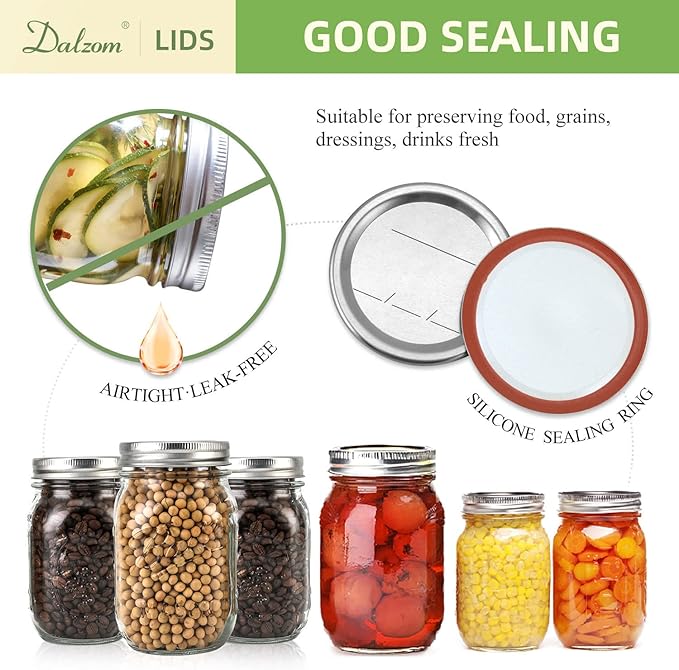 Dalzom® 72Pcs Canning Lids Regular Mouth, Premium Mason Jar Lids for Ball, Kerr Jars - Food Grade Material, 100% Fit & Airtight for Regular Mouth Mason Jars