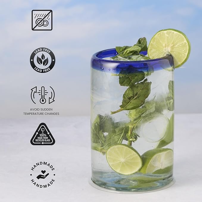 Corazón Bonito Handblown Mexican Glasses Set of 6, Blue Cobalt Rim Drinking Glasses, Artisan Crafted Glassware (17 oz each)