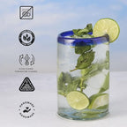 Corazón Bonito Handblown Mexican Glasses Set of 6, Blue Cobalt Rim Drinking Glasses, Artisan Crafted Glassware (17 oz each)