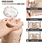 MUKOKO Half Gallon/64 oz Glass Water Bottles with Straw and Lid,Motivational Water Jug with Time Marker Reminder and Silicone Sleeve,100% Leakproof BPA Free Fitness Sports Large Bottle-Amber