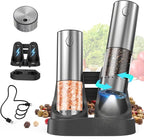 CIRCLE JOY 2-Speed Electric Salt and Pepper Grinder Set Rechargeable Stainless Steel Pepper Mills with Charging Base, LED Light and External Adjustable Coarseness for Hygienic Easy Use