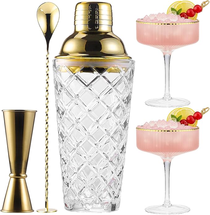 Cocktail Shaker Set with Coupe Glasses – 5-Piece Gift Set Includes Pineapple Glass Shaker with Gold Lid, Jigger, Bar Spoon & 2 Ribbed Gold-Rimmed Glasses – Bartender Kit for Home Bar