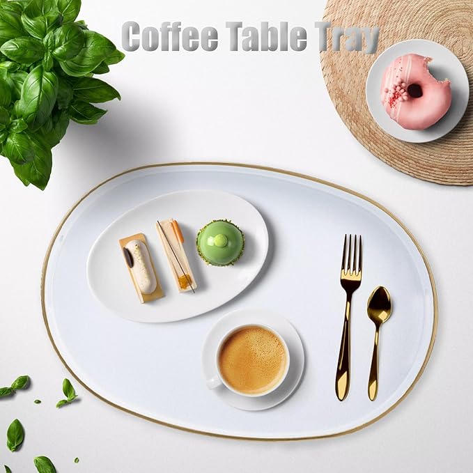 White Oval Decorative Tray with Handles, Set of 2 Versatile Nesting Trays for Patio Table, Ottoman, Ideal for Serving, Displaying, Organizing