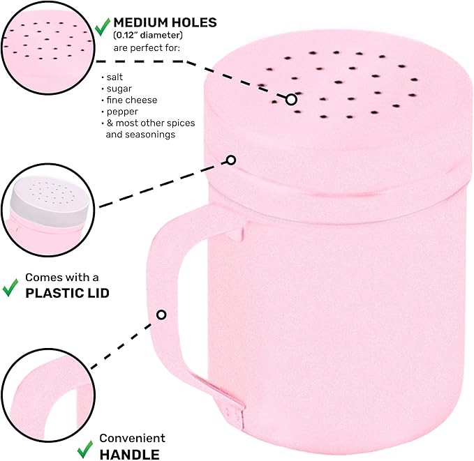 CUSINIUM 6oz Pink Stainless Steel Salt Pepper Dredge Shakers - With Plastic Cap - With Handle - Pack of 2