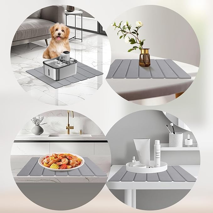 Hopegiver Gray Stone Drying Mat for Kitchen Counter, 15.75"x11.81" Foldable Quick Dry Stone Mat Kitchen, Absorbent Diatomaceous Earth Dish Drying Mats for Dishes Utensils, Includes Sanding Block