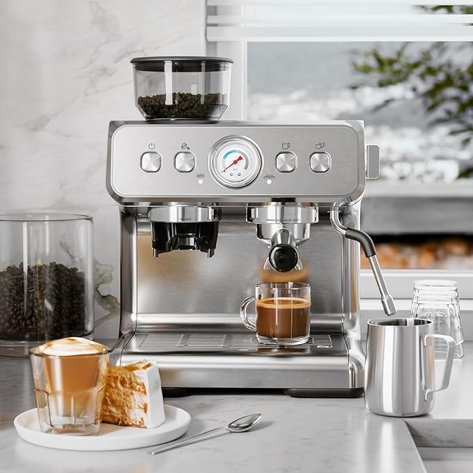 Kismile Espresso Coffee Machine with Grinder, 20 Bar Automatic Espresso Machine with Milk Frother Steam Wand, Removable Water Tank for Latte & Cappuccino(Silver)