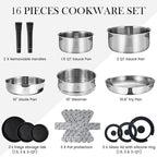 ROYDX16 PCS Pots and Pans Set,18/10 Stainless Steel Cookware Set with Adjustable Detachable Handles for RV,home Dishwasher Safe and Oven Safe