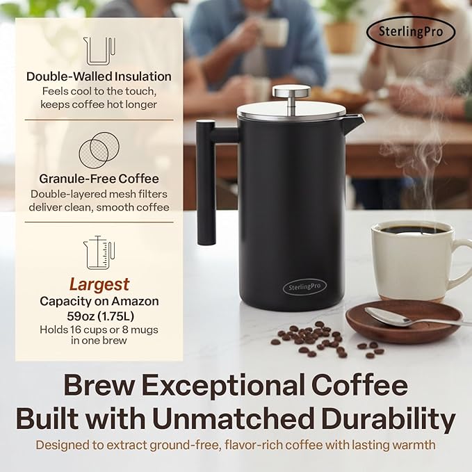 Extra Large French Press Coffee Maker 59 oz (1.75L), Large Capacity Stainless Steel Big French Press XL, Thermal Insulated Black Coffee Maker with Double Walled Insulation, Black